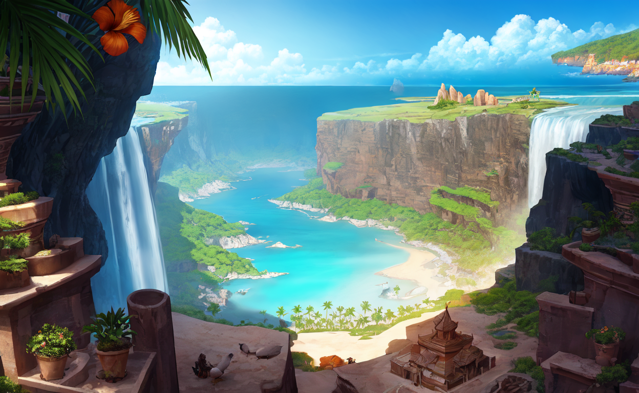 masterpiece, best quality, ultra-detailed, illustration, random, island, tropical, clear skies, blue water, sandy beaches,...